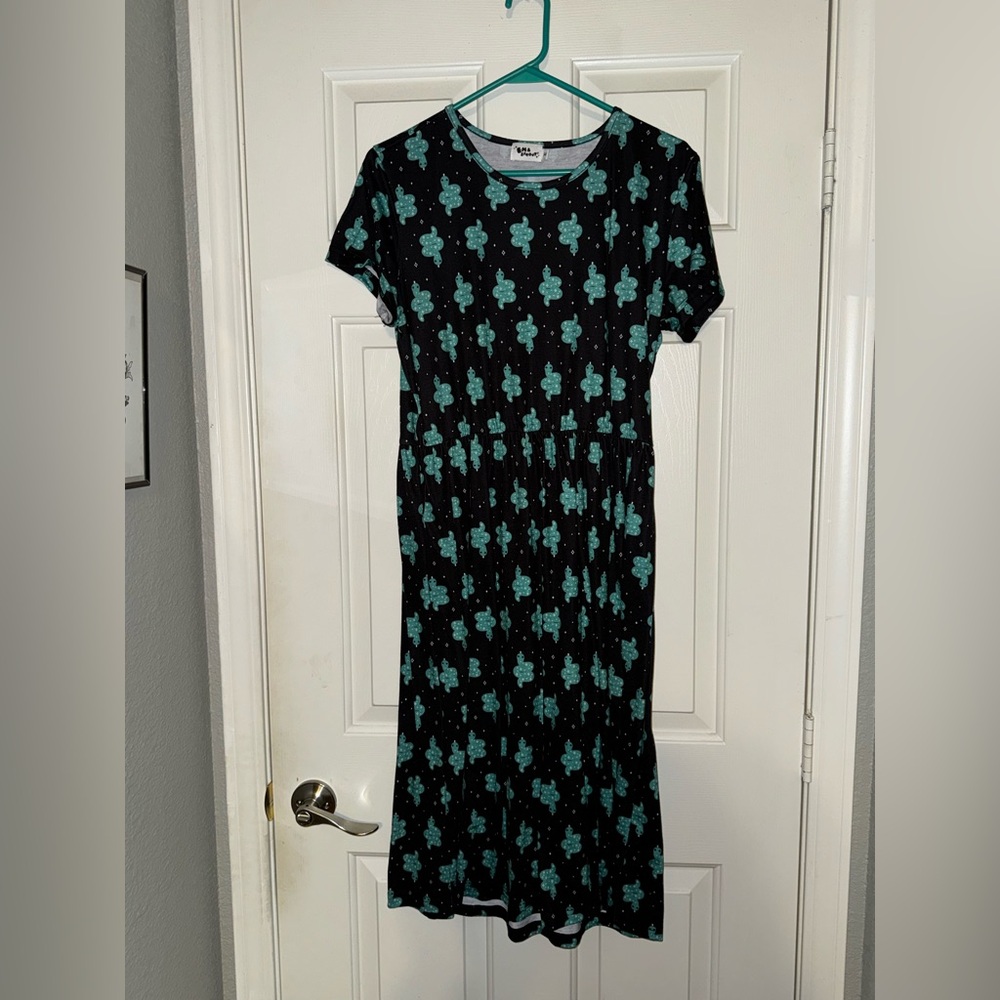 Em & Sprout Black Maxi Dress with Teal Snake Print